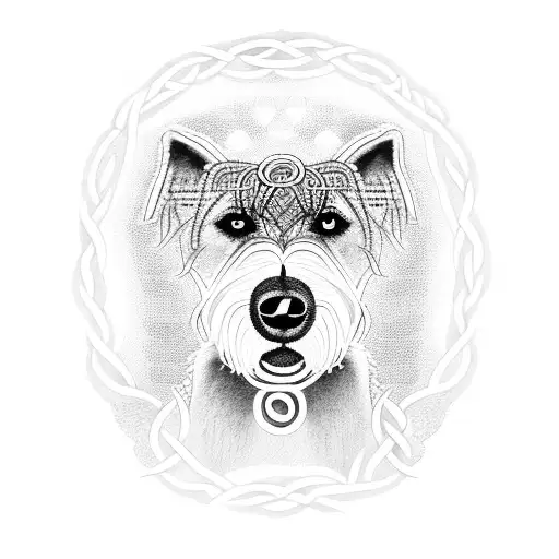 An intricate dotwork design featuring an Irish wolfhound surrounded by Celtic knot patterns tattoo design idea