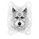 An intricate dotwork design featuring an Irish wolfhound surrounded by Celtic knot patterns tattoo design idea