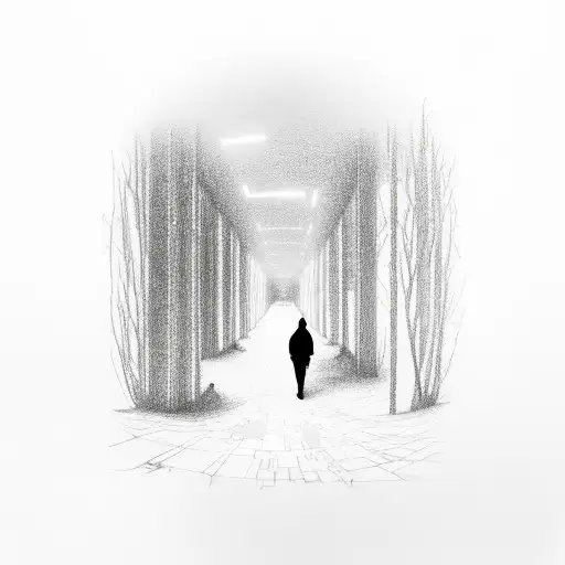 A silhouette of a person walking through a virtual reality landscape tattoo design idea