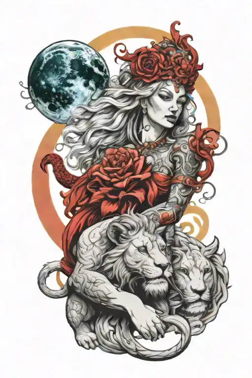full sleeve goddess with lion, red dragon and moon background  tattoo design idea