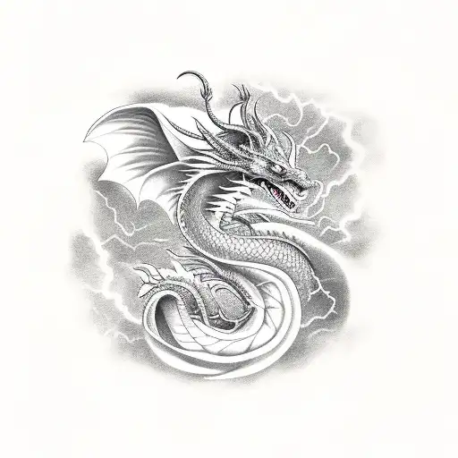 Aurélion Sol dragon soaring through a stormy sky tattoo design idea