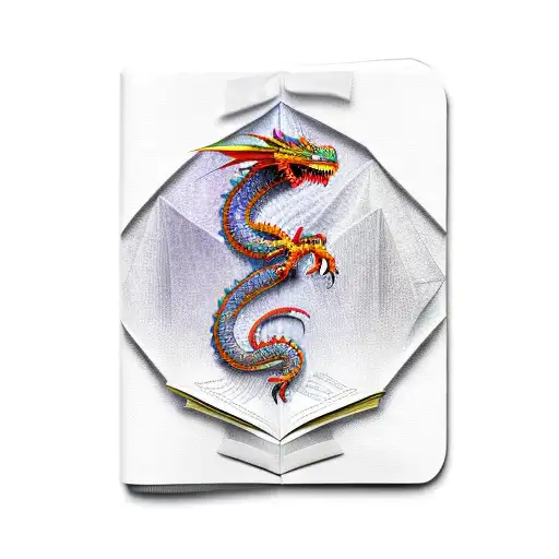 A dragon wrapped around a book, with dark crystals embedded in its scales tattoo design idea