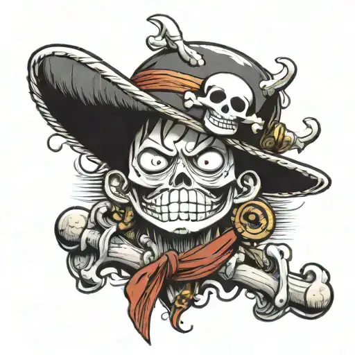 Luffy from one piece with a big pirate hat that has a skull and cross bones  tattoo design idea