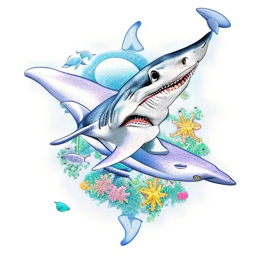  shark, turtle, whale,  flowers, blue and light pink tattoo design idea