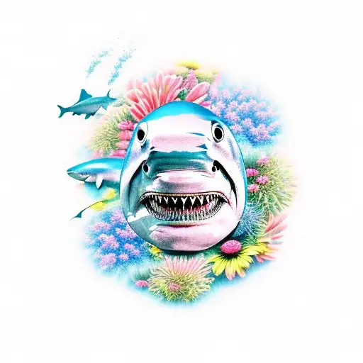  shark,  flowers, blue and light pink tattoo design idea