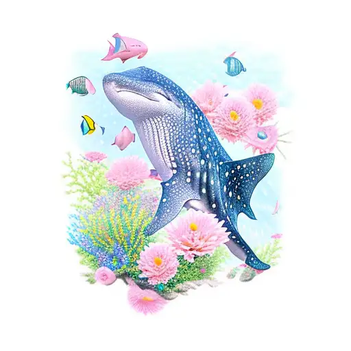whale shark,  flowers, blue and light pink tattoo design idea