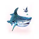  whale shark, turtle, whale,  flowers, blue and light pink tattoo design idea