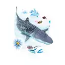  whale shark, turtle, whale,  flowers, blue and light pink tattoo design idea