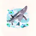  whale shark, turtle, whale,  flowers, blue and light pink tattoo design idea