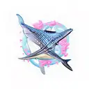  whale shark, turtle, whale,  flowers, blue and light pink tattoo design idea