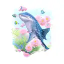 whale shark,  flowers, blue and light pink tattoo design idea