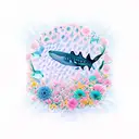 whale shark,  flowers, blue and light pink tattoo design idea