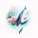 whale shark,  flowers, blue and light pink tattoo design idea