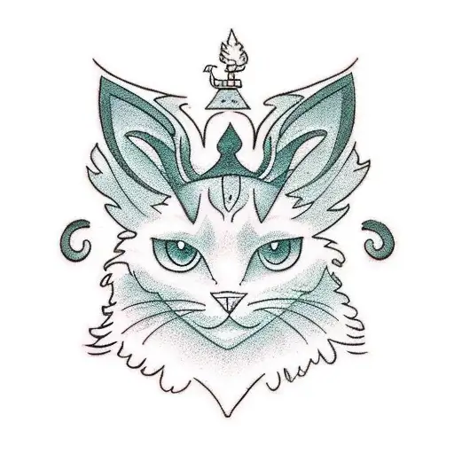 A traditional-style tattoo of a tree with a cat (looking like the pokemon psyana) perched on one of its branches tattoo design idea