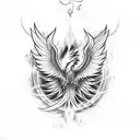 A tattoo design of a phoenix rising from the ashes, symbolizing survival and rebirth, with the Gemini zodiac sign subtly integrated into the flames tattoo design idea