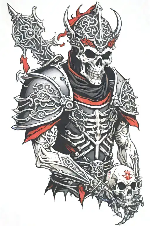 necromancer wearing black and red armour with a skull face tattoo design idea