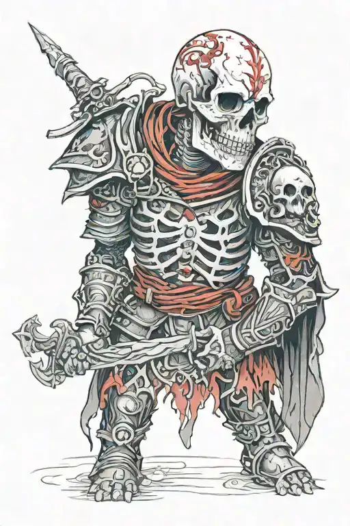 necromancer wearing black and red armour with a skull face tattoo design idea