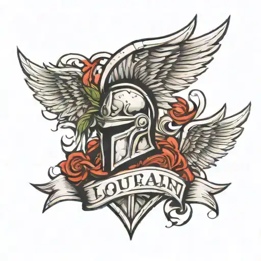 Spartan helmet with wings, a cutting sword and a scroll with the name Lou on it tattoo design idea