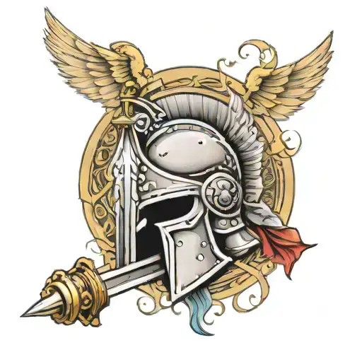Spartan helmet with wings, a damaged sword and a scroll with the name Lou on it tattoo design idea