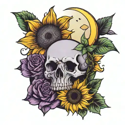 Moon, sunflower, skull, purple heart tattoo design idea