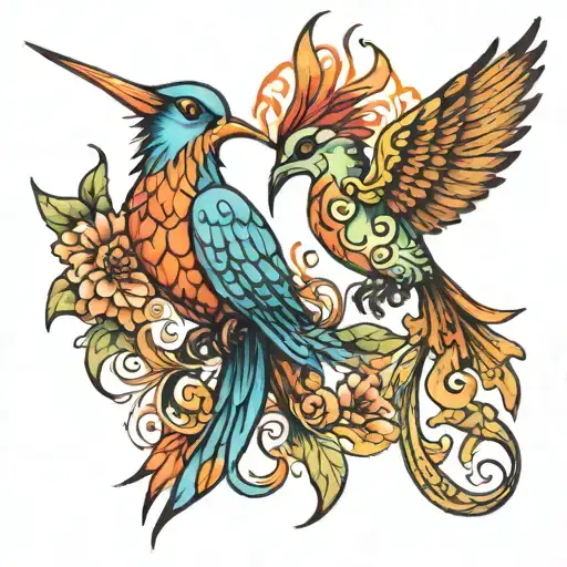 A phoenix and a hummingbird tattoo design idea