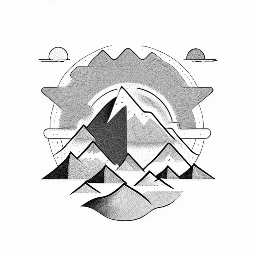 A powerful black and grey illustration of a mountain range with a rising sun, embodying the determination and positive energy needed for success tattoo design idea