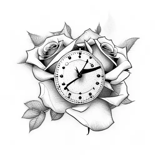 Roses and clock with baseball seems  tattoo design idea