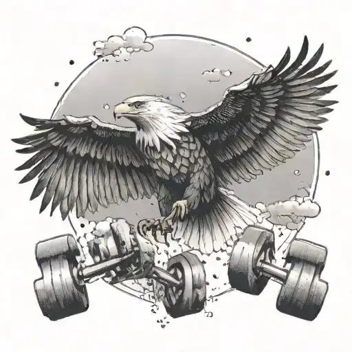 An eagle soaring through the sky while lifting weights tattoo design idea
