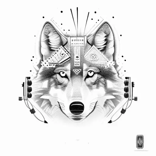 A detailed black and grey tattoo of a wolf surrounded by musical instruments tattoo design idea