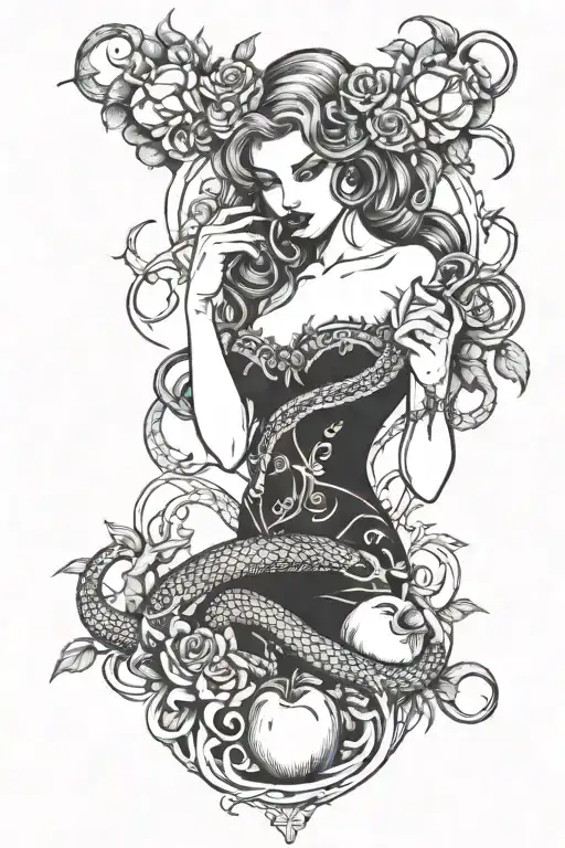 Lilith demon biting an apple with snakes and roses around her. tattoo design idea