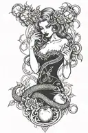 Lilith demon biting an apple with snakes and roses around her. tattoo design idea