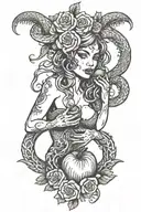 Lilith demon biting an apple with snakes and roses around her. tattoo design idea