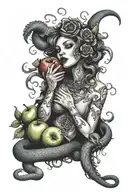 Lilith demon biting an apple with snakes and roses around her. tattoo design idea