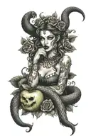 Lilith demon biting an apple with snakes and roses around her. tattoo design idea
