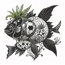 An abstract design combining Pisces fish with weed plants and footballs, symbolizing harmony and passion tattoo design idea