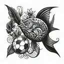 An abstract design combining Pisces fish with weed plants and footballs, symbolizing harmony and passion tattoo design idea