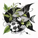 An abstract design combining Pisces fish with weed plants and footballs, symbolizing harmony and passion tattoo design idea