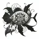 An abstract design combining Pisces fish with weed plants and footballs, symbolizing harmony and passion tattoo design idea