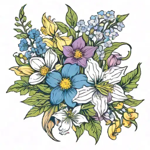 bouquet of cosmos, daffodils, water lillys and larkspur  tattoo design idea