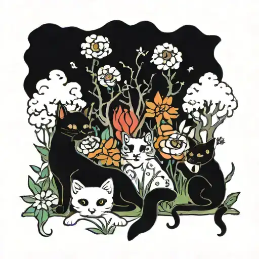 A spooky forest scene with cats playing among the flowers tattoo design idea