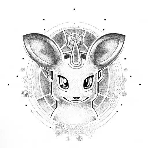 An Umbreon surrounded by various biology symbols in dotwork style tattoo design idea