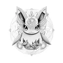 An Umbreon surrounded by various biology symbols in dotwork style tattoo design idea