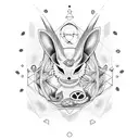 An Umbreon surrounded by various biology symbols in dotwork style tattoo design idea