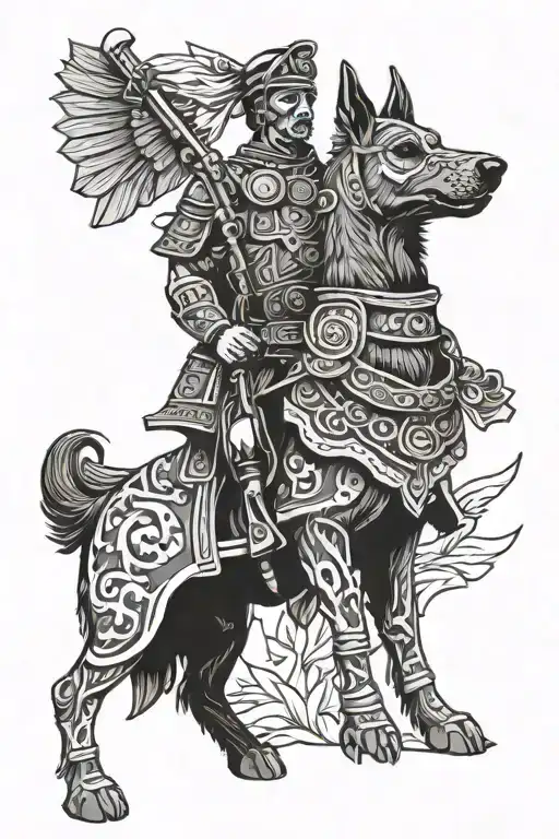 ancient roman solider with blue heeler tattoo design idea