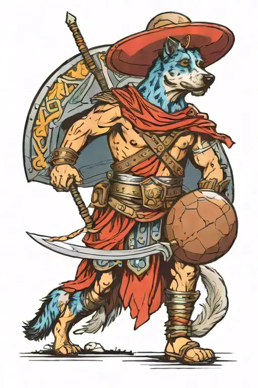 ancient roman solider with blue heeler and something to do with football tattoo design idea