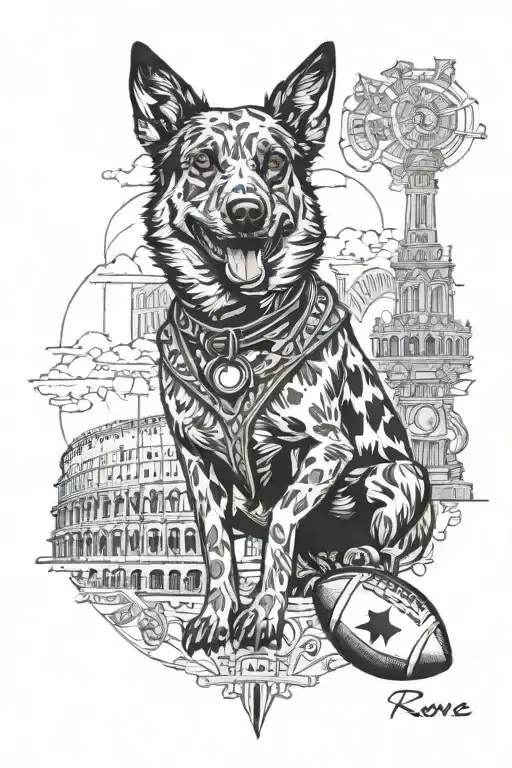 Anceint Rome with football and blue heeler tattoo design idea