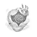 forearm sleeve incorporating mojave ghost flower background and including caduseus, dominican republic flag, and dog paw tattoo design idea