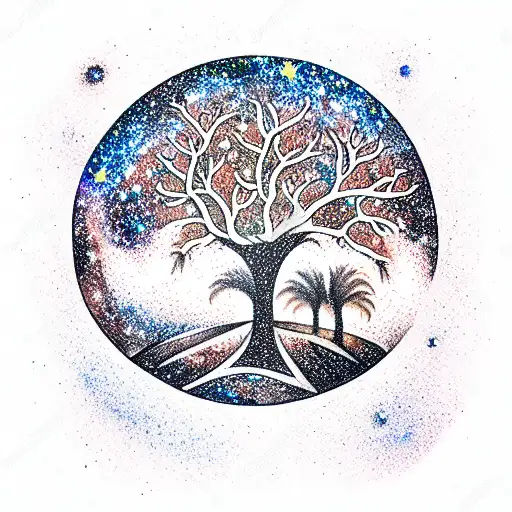 dense argan tree contained in circle with galaxies and stars in the background tattoo design idea