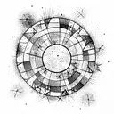 dense argan tree contained in circle with galaxies and stars in the background tattoo design idea