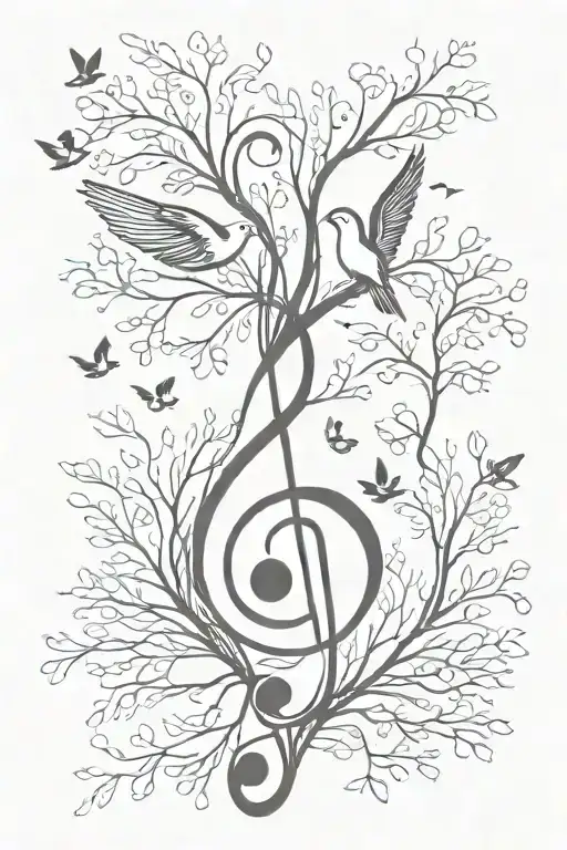 treble clef birds flying away trees tattoo design idea